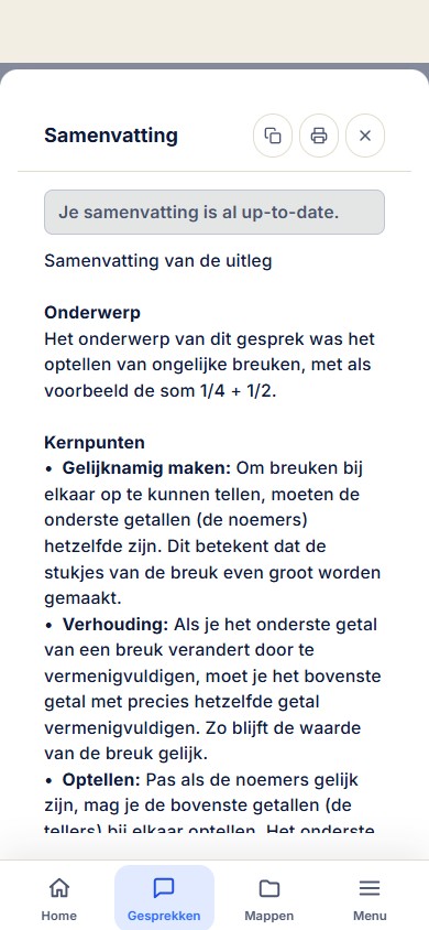 Voorbeeld van het mobiele samenvattingsscherm: samenvatting van het gesprek op een smartphonescherm